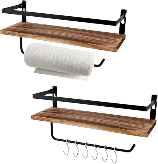 Floating Shelves,Wall Mounted Shelf for Kitchen,Living Room,Bedroom,Bathroom Storage,Rustic Wood,Set of 2(Carbonized Black)