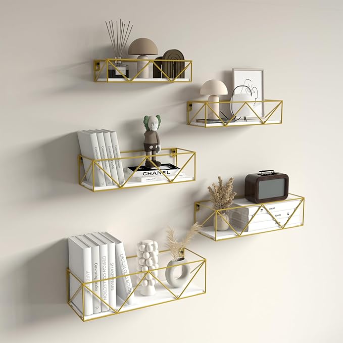 CRUGLA Gold Floating Shelves Wall Mounted Set of 5, Hanging Storage Floating Shelf for Bathroom, Kitchen, Bedroom, Living Room