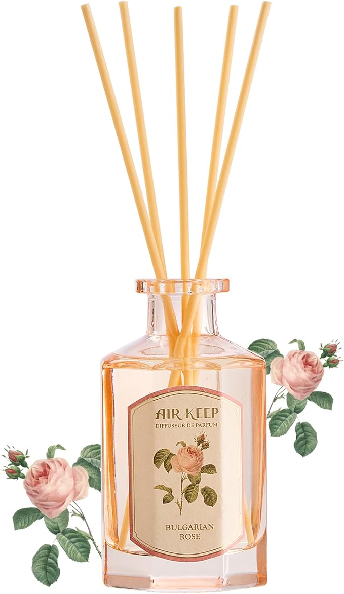Airkeep Reed Diffuser Set-6.09 oz (180ml) Rose Bulgarian Scented Diffuser with 8 Reed Sticks Home Fragrance Oil Diffuser for Bathroom Shelf Decor