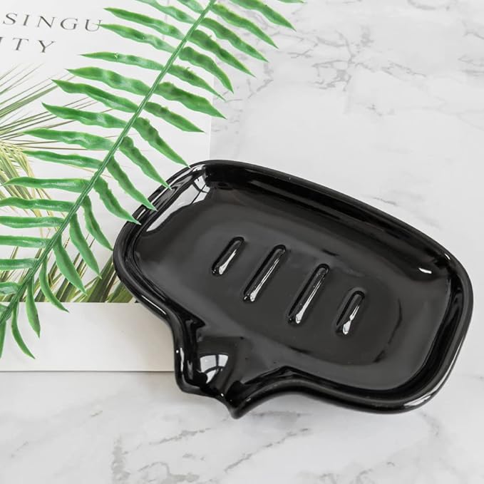 Multi-Color Ceramic Soap Dish for Kitchen or Bathroom, Easy to Clean, Self Draining Soap Holder, Keeps Soap Dry (Black)