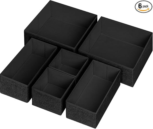 Criusia 6 Pack Clothes Drawer Organizer Dividers, Fabric Foldable Closet Dresser Drawer Organizer for Clothing, Bra Sock Underwear Drawer Organizer for Nursery Bedroom Organization (6 Bins, Black)