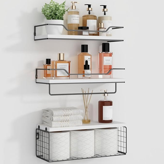 Floating Shelves Wall Mounted,Wood Bathroom Shelf Over Toilet with Paper Storage Basket, Wall Decor Farmhouse Floating Shelf for Bedroom, Living Room, Kitchen,Office (White)