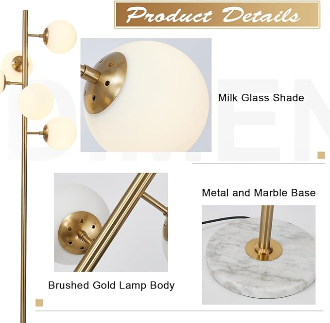 KCO Lighting 5-Light Frosted White Glass Globe Floor Lamp Mid Century Modern Gold Tall Pole Standing Light LED Standing Lamps with Foot Switch for Home Office (Gold)