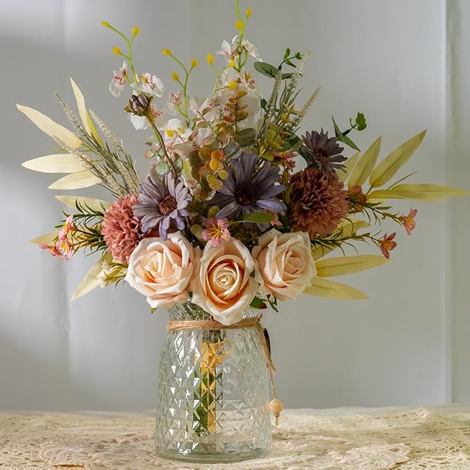 Silk Flowers with Vase, Artificial Rose Flowers Arrangement with Glass Vase Faux Rose for Decoration Table Centerpiece (Rose Champagne)