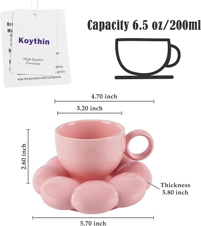 Koythin Ceramic Coffee Mug with Saucer Set, Creative Cute Cup with Sunflower Coaster for Office and Home, 6.5 oz/200 ml for Tea Latte Milk, Suitable for Mom on Mother's Day (Peach Pink)