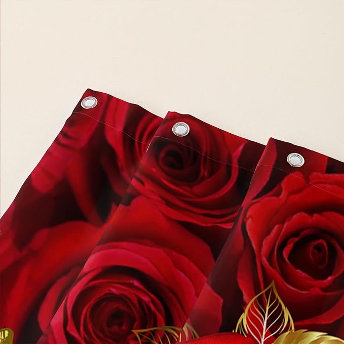 AILONEN Red Rose Couple Shower Curtain,Red and Gold Hearts Printed Bath Curtain,Modern Waterproof Luxury Rose Themed Bathroom Decor, 36" W x 72" H