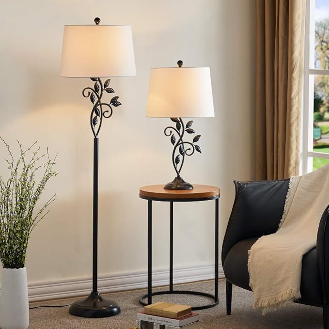 Maxax Traditional Floor Lamp, Reading Standing Light with White Fabric Shade, 100W 3-Way Dimmable Metal Leaf Floor Lamp for Living Room and Bedroom, Black