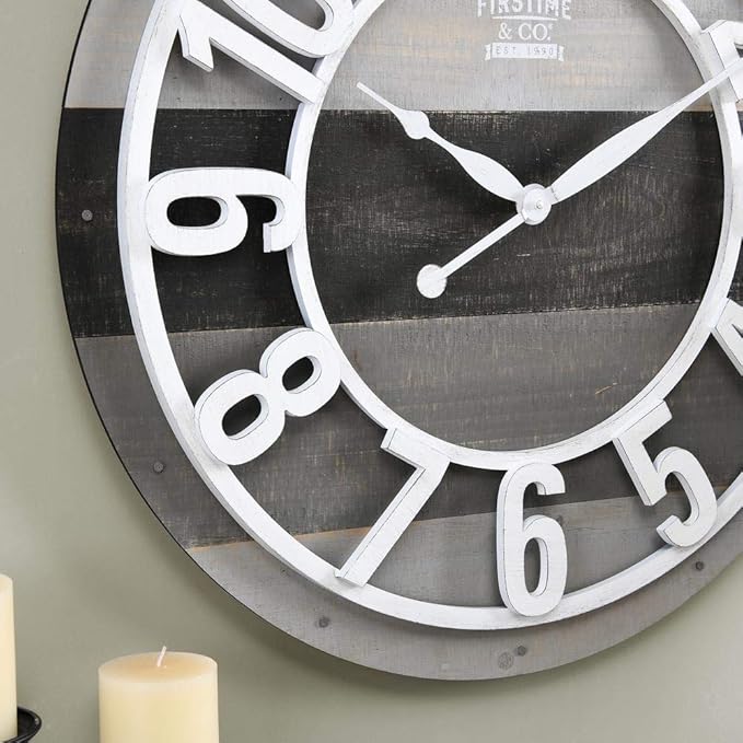 FirsTime & Co. Gray Shabby Planks Wall Clock, Large Vintage Decor for Living Room, Home Office, Round, Wood, Farmhouse, 27 inches