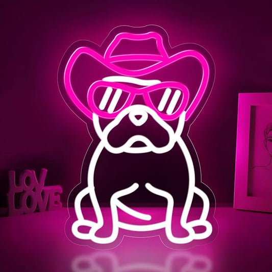 Dog Neon Sign for Wall Decor,Dimmable French Bulldog with Cowboy Hat & Glasses Neon Light,Pink White Puppy Light Up Signs for Pet Shop Bedroom Party Bar Background Decoration