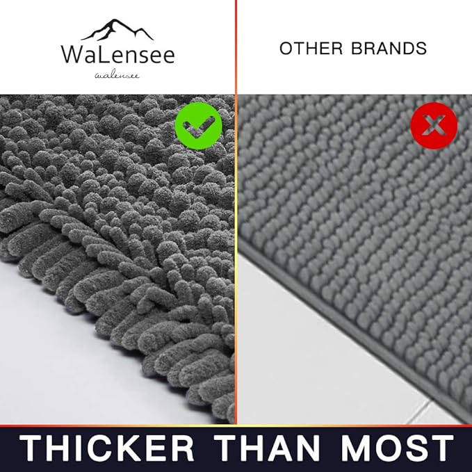 Walensee Large Bathroom Rug Non Slip Bath Mat (24x60 Inch Gery) Water Absorbent Super Soft Shaggy Chenille Machine Washable Dry Extra Thick Perfect Absorbant Best Plush Carpet for Shower Floor