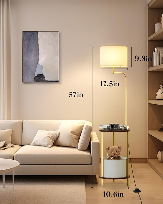 Lightdot Floor Lamp with Shelves, Mid Century Gold Standing Lamps with Bulb and Storage Bag Included, Farmhouse End Table with Lamp Attached for Living Room