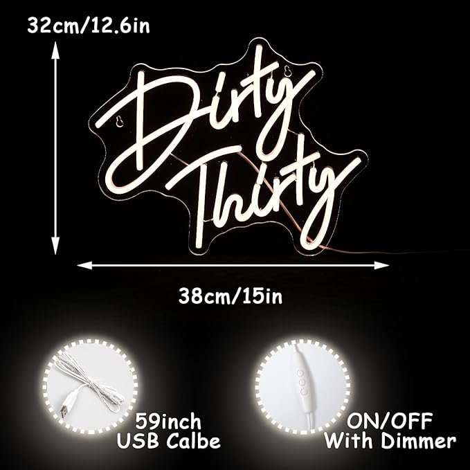 Dirty Thirty Neon Sign 30th Birthday Party Neon Signs Dimmable Warm Letter LED Neon Lights USB Powered with Switch for Wall Decor Bar Club Hotel Restaurant Party