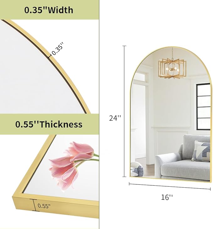BEAUTYPEAK 16"x24" Arch Bathroom Mirror, Wall Mounted Vanity Metal Frame Mirror for Bedroom, Entryway, Living Room, Gold