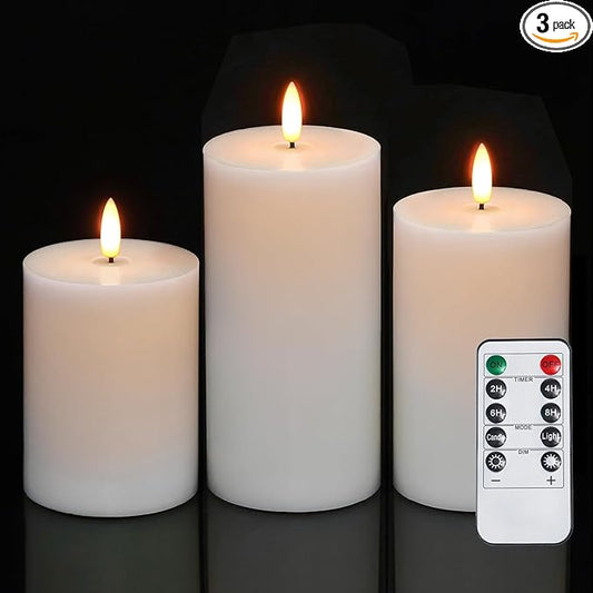 Homemory White Flameless Candles Φ 3" H456 Battery Operated with Remote Timer, Real Wax LED Pillar Candle for Home Fireplace Bedroom Living Room, Set of 3