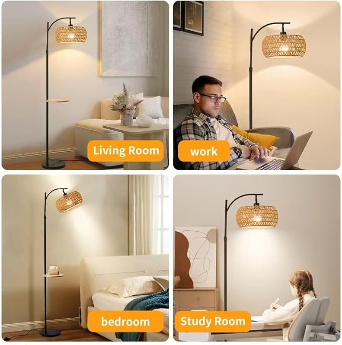 Black Floor Lamp for Living Room, Boho Rattan Floor Lamp with Shelf Farmhouse Standing Lamp with 3 Color Temperature, Arc Cornor Tall Lamp for Bedroom Office,Remote & Dimmable LED Bulb Included.