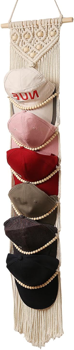 Ball Cap Hanger-1 Pack-Boho Macrame Cap Holder Wall Hat Organizer for Baseball Cap Holder Over Door, Hat Rack for Wall, Cap Rack for Decoration and Display,