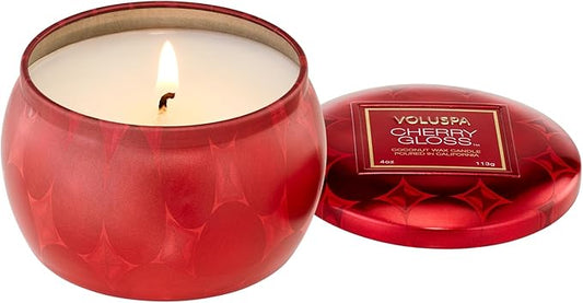 Voluspa Cherry Gloss Mini Tin Candle, 4 oz, Coconut Wax Blend, Scented Candles for Home, 25 Hour Burn Time, Fruity Candle, Handcrafted in The USA