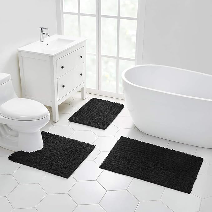 Walensee Bathroom Contour Rug Non Slip Toilet U Shaped Bath Mat (20x24, Black) Water Absorbent Super Soft Shaggy Chenille Machine Washable Dry Extra Thick Perfect Absorbant Best Plush Carpet