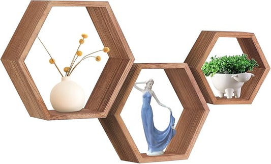 PHOENANCEE Hexagon Floating Shelves,Honeycomb Shelf,Wall Mounted Rustic Wood Octagon Storage Shelves Set of 3 for Living Room Bedroom Bathroom Office Hexagonal Decor(Carbonized Black)