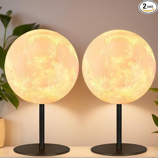 Moon Lamp Bedside Table Lamp, Dimmable Bedside Lamp with 30 Modes, Moon Night Light Small Table Lamp for Bedroom, Kids Room, Office, Desk Lamp Nightstand Gifts for Girls Boys Teen Women Birthday-2Pack
