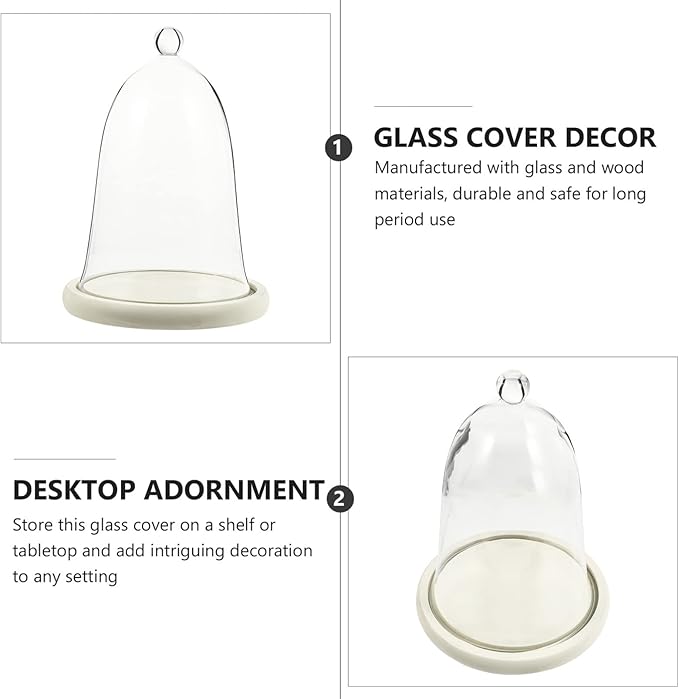 Clear Glass Dome Cloche with Rustic Wooden Base Antique Bell Jar Display Dome for Plants Succulents Fairy Lights Photos Medals Decorative Fill and More White