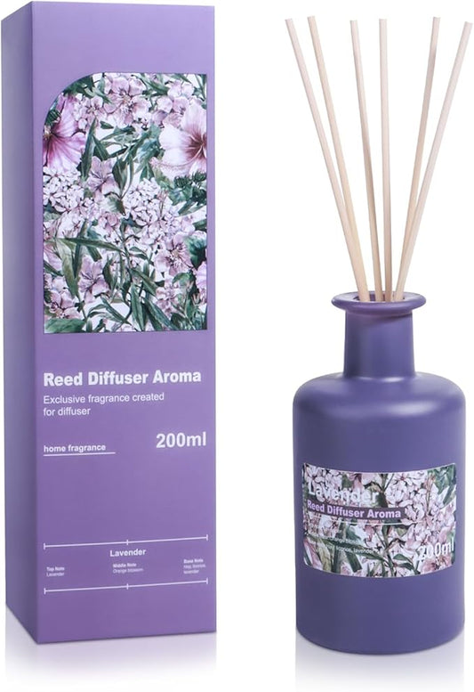 Reed Diffuser Set - 200ml Lavender & Orange Blossom Essential Oil Set Includes 8pcs Rattan Sticks, Licorice Aroma, Large Glass Bottle, Home Fragrance Diffuser Set for Bathroom Shelf Decor