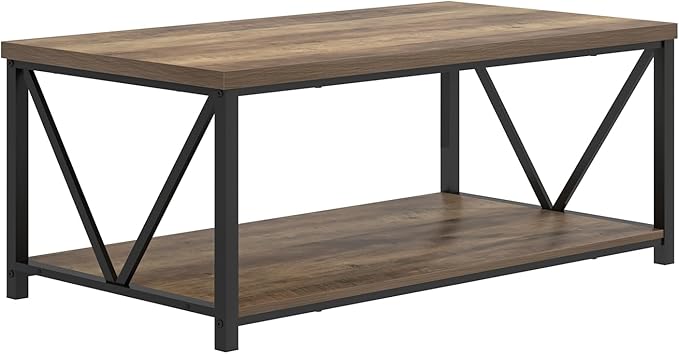 FOLUBAN Coffee Table with Storage Shelf, Modern Industrial Metal and Wood Living Room Table, Small Rectangle Cocktail Tea Table for Bedroom Home Office, Rustic Oak, 39.3 Inch