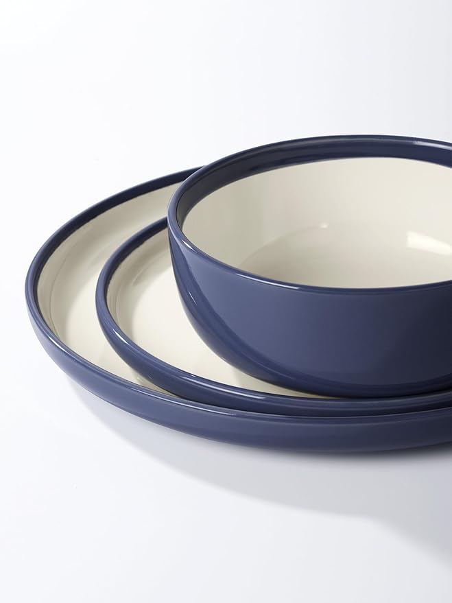 Famiware Lake MacDonnell Plates and Bowls Set for 4, 12 Pieces Dinnerware Sets, Handcrafted, Stoneware Dishes Set, Blue and Beige