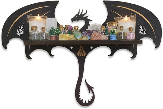 Gothic Evil Dragon Decor Crystal Display Shelf for Wall, Wooden Witchy Shelf Rock Display Case Knick Knack Organizer Trinket Holder, Wall Hanging Shelves for Essential Oil & Nail Polish