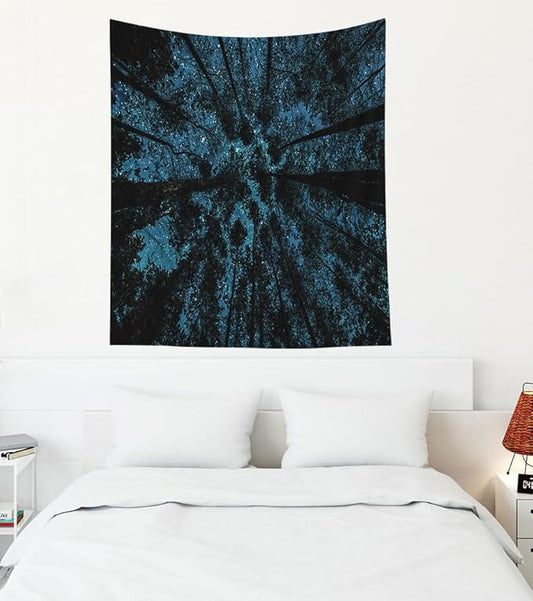 EMMTEEY Starry Night Wall Tapestry - Forest in Night Sky with Stars and Clouds - Bedroom 50x60 Inches for Families