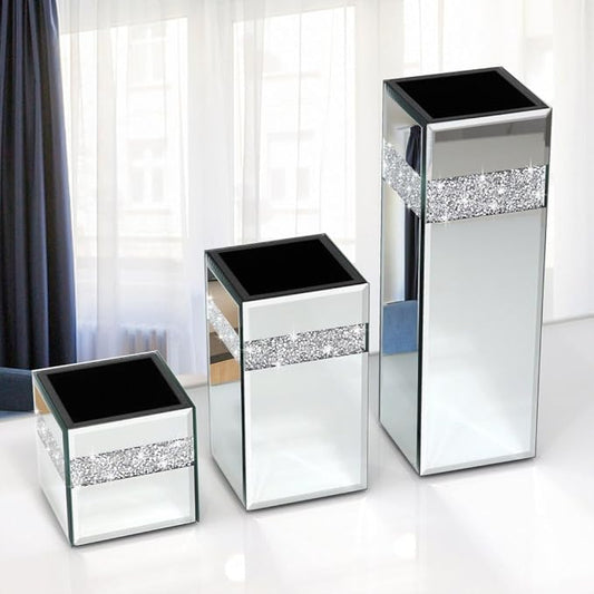 Crushed Diamond Mirrored Vase Pack of 3 Pieces Small Middle Large. Crystal Silver Mirror Glass Stunning Decorative Flower Vase Luxury for Home Decor. Can’t Hold Water.
