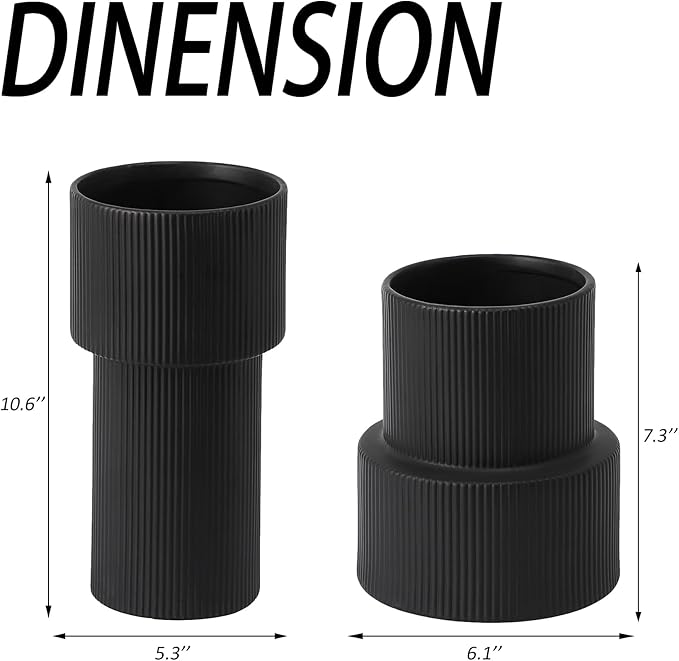 Large Black Ceramic Vase for Flowers, Large Ribbed Vase, Boho Decorative Vases for Modern Decor, Pampas Grass Vases for Living Room, Office, Mantel, Shelf, Entryway, 10 Inches
