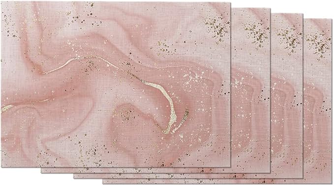 EKOBLA Aesthetic Marble Placemat Non-Slip Cotton Linen Washable Place Mats Pink Gold Glitter Splatter for Dining Table Kitchen Heat Resistant Table Mats, Set of 4