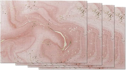 EKOBLA Aesthetic Marble Placemat Non-Slip Cotton Linen Washable Place Mats Pink Gold Glitter Splatter for Dining Table Kitchen Heat Resistant Table Mats, Set of 4