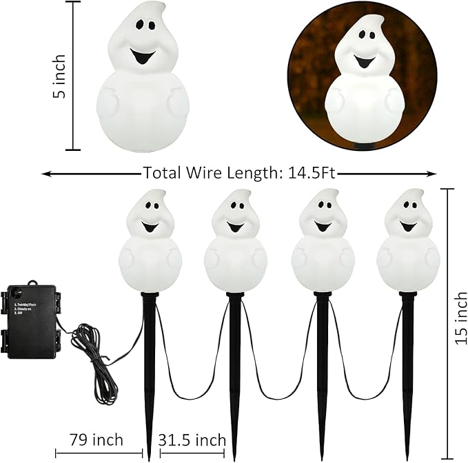 Halloween Ghost Pathway Lights Outdoor, Set of 4 Pre-lit Ghost Pathway Markers Stake Battery Operated Waterproof for Path, Yard, Lawn, Garden, Landscape Halloween Party