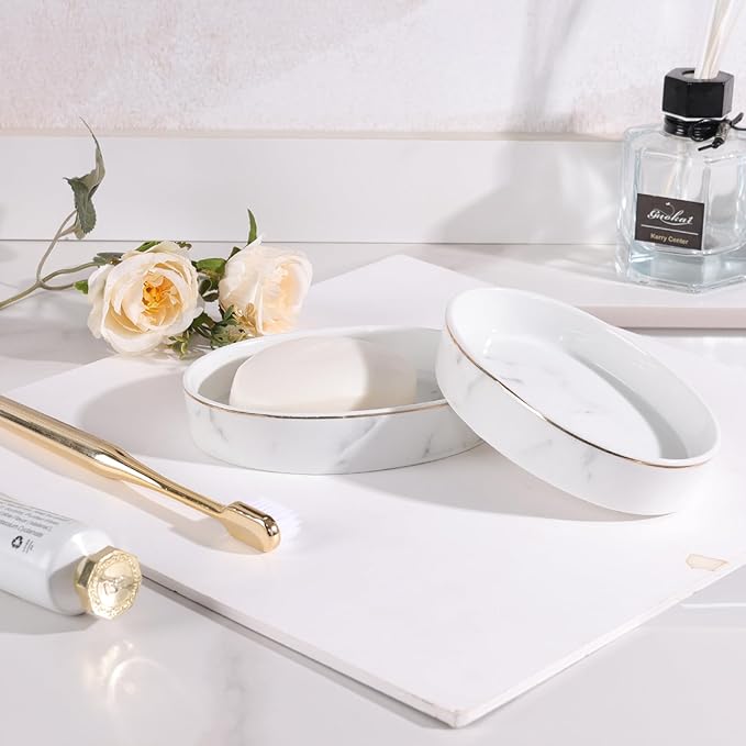 Soap Dish, Ceramic White Marble Soap Holder Soap Bar Holder, Oval Soap Dish for Shower Bathroom Kitchen Sink, Easy Clean, ANTIS'S HOME