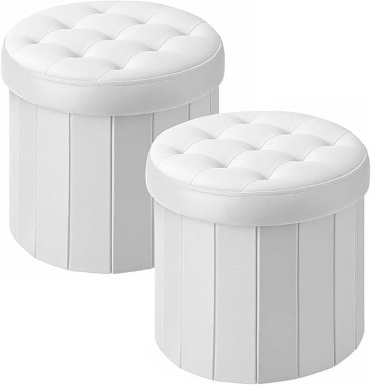 Ottoman with Storage, Foot Rest Stool with Thicker Foam Padded Seat Velvet Small Round 14“ x 14” x 13 "Inchs Storage Ottoman Bench for Living Room Foldable Pouf Coffee Table 2 Pack, White