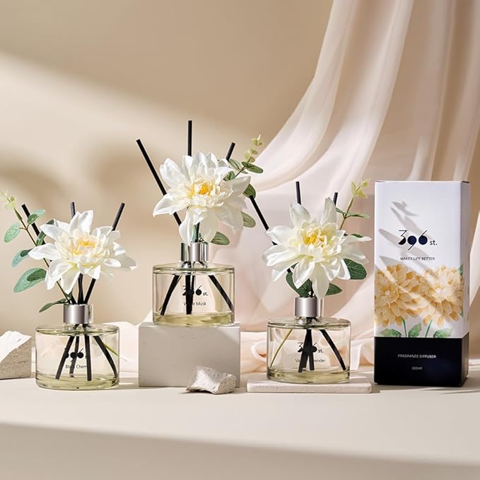 396 st. Dahlia Flower Reed Diffuser, White Musk, 200ml(6.7oz) / Reed Diffuser Sets, Scentsy Home Fragrance, Scented Oils, Home & Bathroom Décor