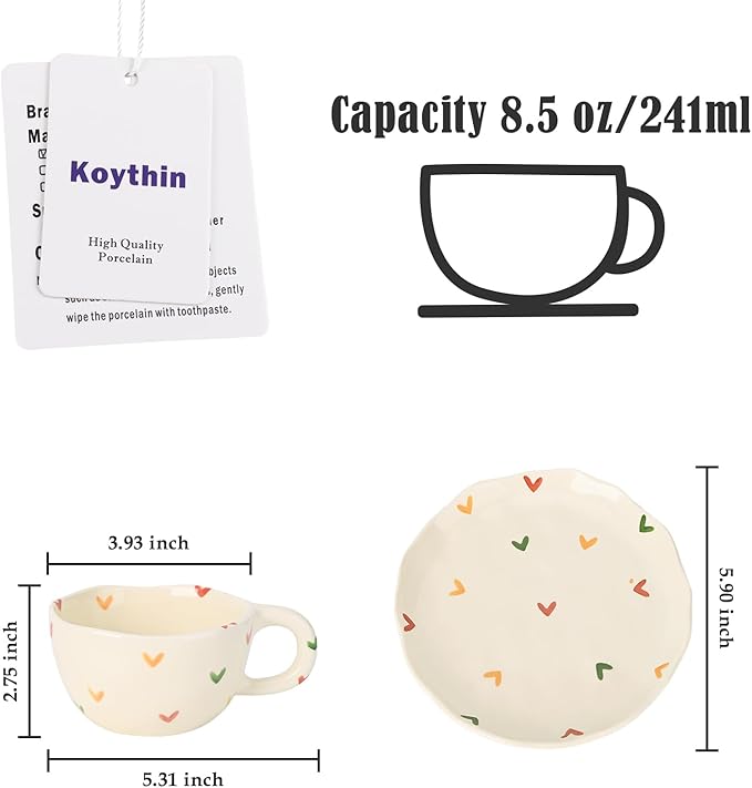 Koythin Ceramic Coffee Mug with Saucers, Handmade Flowers Mugs, Cute Cup for Girl Women, Aesthetic Tea Milk Cup with Handle, 8.5 oz/250 ml for Latte, Cocoa, Office, Home (Colorful Little Hearts)