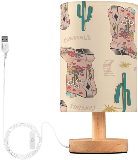 VIGTRO Table Lamp with USB Vintage Cow Girls Boot Bedroom Nightstand Lamps, Western Boho Wood Base LED Desk Light for Living Room, Office