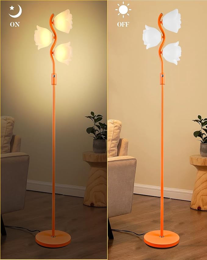 Orange Floral Floor Lamp, Dimmable Mid Century Modern Standing Lamps with 3 Warm White 3000K Bulbs, Cute Flower Floor Lamp for Living Room Bedroom Home Decor