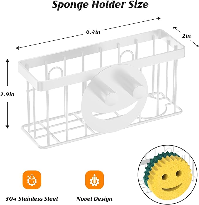 Sponge Holder Smiley Face, Sink Organizer with 2 Suction Cups/1 Adhesive Strips, Designed for Sponge, Soap, Dish Brush, Scrubber - White
