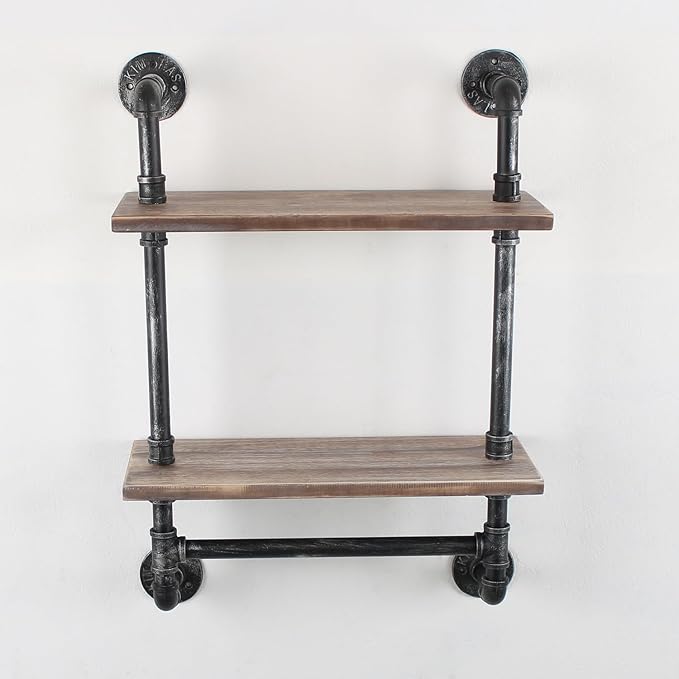 Industrial Pipe Shelving,Iron Pipe Shelves Bathroom Shelves with Towel bar,24in Rustic Metal Pipe Floating Pipe Wall Shelf,2 Tier Industrial Wall Mounted,Retro Brown