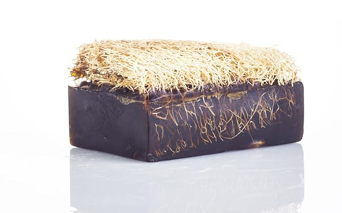 Pine Tar Soap with Loofah - Natural Exfoliating Soap Bar for Men - Smells Like Smoked Woody Pine - Handmade with Pine Tar, Jojoba Oil, Witch Hazel - Black Soap Bar for Body Scrub [4.40 oz - 125 gr]