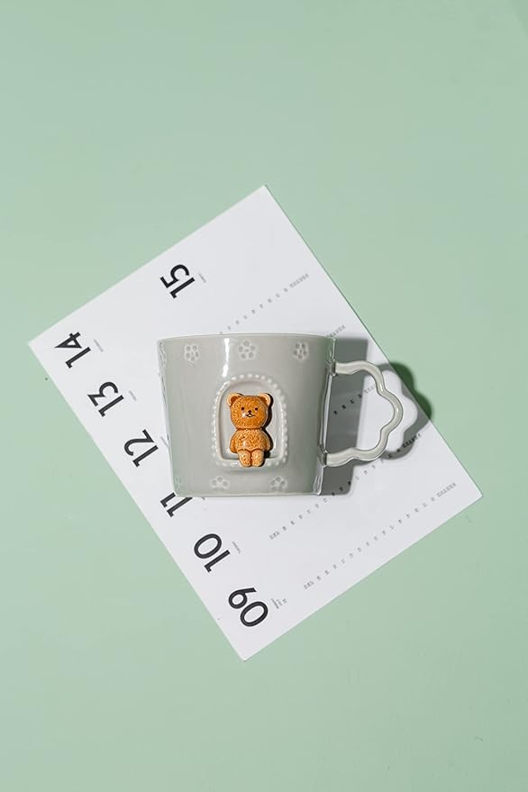 DIHOclub Bear Ceramic Cup Window Animals Mug Cute Cartoon Handmade Figurine Mugs,Holiday and Birthday Gift for Daughter,Son,Kids,9 OZ (Grey)