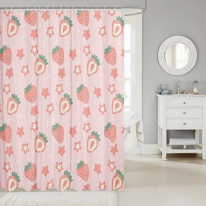 Feelyou Pink Strawberry Fabric Shower Curtain Kawaii Fruit Shower Curtain for Kids Boys Girls Cute Stars Strawberry Bathroom Waterproof Accessories with 12 Hooks Kawaii Lovely Curtains,72x72 Inches