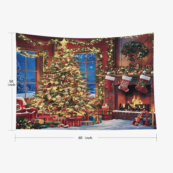 EMMTEEY Christmas Tree and Fireplace Warm Indoor Window Tapestry 60X50 Winter Backdrop for Wall Dorm Decor