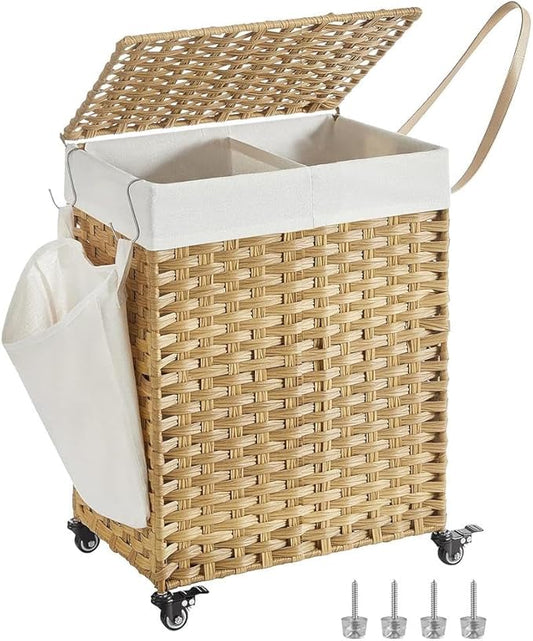 SONGMICS Laundry Hamper with Lid, 38.3 Gallons (145 L), Rolling Laundry Basket with Wheels, 2-Section Synthetic Rattan, Removable Liner, Bedroom, 21.7 x 15.7 x 26 Inches, Natural Color ULCB262Y01