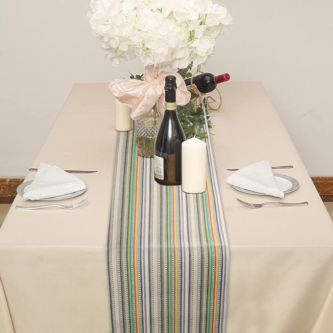 Urban Villa TableRunner 100% Cotton Fused Table Runner Multi Dobby Stripes 14''x72'' Over Sized Beige Multi Color Table Runner Heavier Quality ChristmasRunners