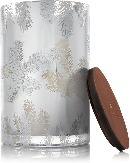 Thymes Frasier Fir Candles - Statement Collection - Silver with Pine Needle Design - Scented Candles for Home Decor - Notes of Siberian Fir Needles, Cedarwood & Sandalwood - Medium Luminary (20 oz)
